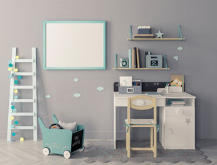 modern kid's room with set of chair and desk, ladder leaning against the wall, poster mockup, 3d Render