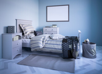 kids room interior with a poster hanging above a bed. grey walls. 3d rendering mock up