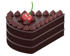 Realistic 3d close-up illustration of an appetizing piece of chocolate cake with chocolate cream and red cherry on the top isolated on white background
