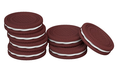 Realistic 3D illustration of appetizing black chocolate cookies with white filling isolated on white background