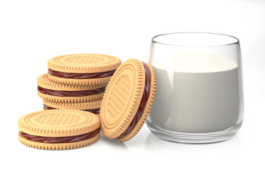 Realistic 3D illustration of a heap of appetizing white cookies with chocolate filling next to a glass of milk on white background