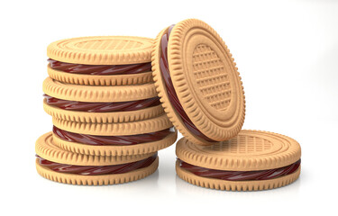 Realistic 3D illustration of six appetizing white cookies with chocolate filling isolated on white background