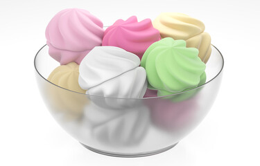 Realistic 3D illustration of appetizing multicolored marshmallows in a glass bowl isolated on white background