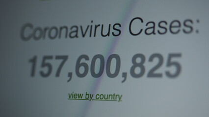 Coronavirus pandemic statistics on screen. Number of Covid 19 cases rising. Map data showing increasing numbers of Corona virus pandemic infected cases. international statistics. Health care concept. 