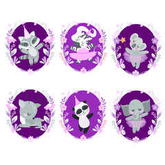 
animal kids set in oval frame with flowers