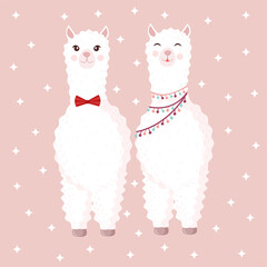 Festive couple of lamas in love on a pink background with stars. Vector illustration for valentines day, holiday, texture, textile, fabric, poster, greeting card, decor. Romantic couple of alpacas.