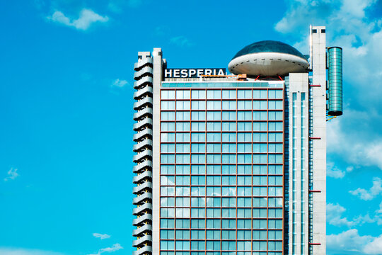 HOSPITALET DE LLOBREGAT, SPAIN - OCTOBER 15, 2020: The NH Collection Barcelona Tower, in Hospitalet de Llobregat, Spain, formerly known as Hesperia Tower, the 11th tallest skyscraper in Catalonia