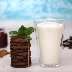 Healthy breakfast with milk and oatmeal cookies. Proper nutrition, diet.