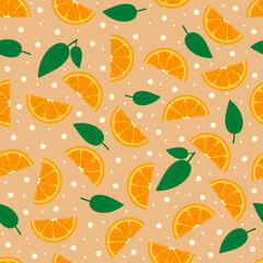 Fototapeta premium Pattern with orange slices and leaves. Vector illustration.
