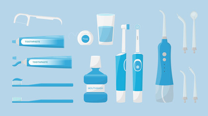 Oral and teeth care. Set of dental cleaning tools. Toothbrush, electric toothbrush, portable irrigator and toothpaste, mouthwash, dental floss isolated. Dental hygiene. 