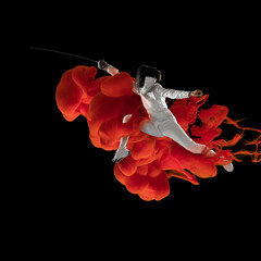 Collage of athlete, female swordsman in explosion of colored neon red smoke fluid isolated on black background.