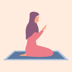 Muslim woman praying on her knees in flat design. Islamic Muslim prayer with faith concept.