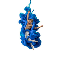 One graceful male ballet dancer in explosion of colored neon blue smoke fluid isolated on white background. Levitation