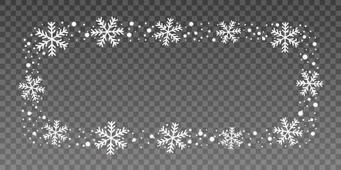 Snow border frame. Christmas texture, isolated on transparent background. Snowflake abstract effect. Holiday border, silver glitter. Blizzard design. Winter snow fall decoration Vector illustration