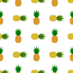 Fototapeta premium Pineapple, leaf seamless pattern. Tropical fruits textile texture isolated white background. Food print, fabric wrapping decorative backdrop. Nature concept. Repeat design element. Vector illustration