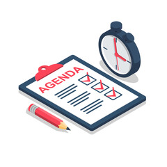 Clipboard agenda. Monitoring time stopwatch. Pencil for report. Vector illustration isometric design. Isolated on background. White sheets with marks.