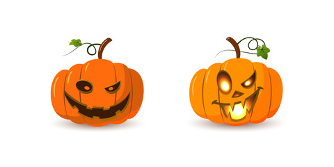 Halloween pumpkin icon set. Autumn symbol. 3D design. Halloween scary pumpkin face, smile, candle light, leaf. Orange squash silhouette isolated white background. Cartoon colorful Vector llustration