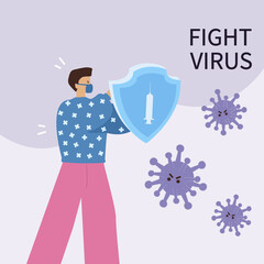 Fight virus poster. Human protection. Vector hand drawn illustration.