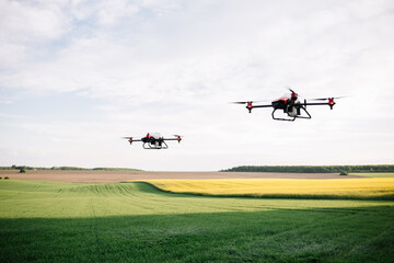 Fototapeta na wymiar Agriculture drone fly to sprayed fertilizer on the green tea fields, Smart farm 4.0 concept