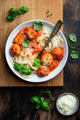 Spaghetti pasta with meatballs and tomato sauce