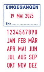 Vector illustration of the German word Eingegangen (Received) in blue ink stamp and editable dates (day, month and year) in red ink stamps