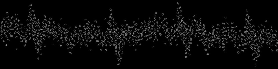 Falling numbers, big data concept. Binary white disorderly flying digits. Imaginative futuristic banner on black background. Digital vector illustration with falling numbers.