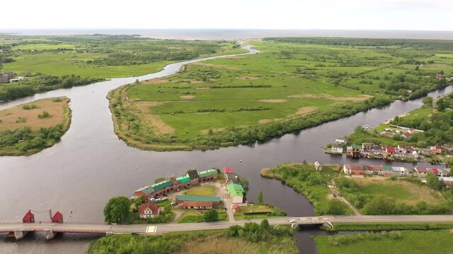 Aerial view of the old bridge in Polessk town, Kaliningrad region