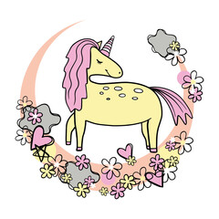 Cute magical unicorn. Vector design on white background. Print for t-shirt. Romantic hand drawing illustration for children