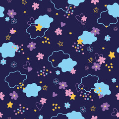Fototapeta na wymiar cute vector pattern for girls, with clouds, flowers and hearts on a blue background. Cute seamless pattern. Endless girly print. Vector illustration