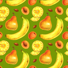Bright seamless pattern made of hand drawn illustrations of fruits (banana, pear, apricot, lemon) on green background for web or graphic design, package, textile, poster, wallpaper