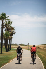 Zona ajardinada con palmeras y transeúntes andando y en bicicleta por zona de costa en andalucia