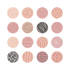 Collection of creative abstract geometric social media highlight covers.Design stories round icon collection.Spots, waves, stripes, spirals, dots, lines, checks and other patterns.Vector illustration