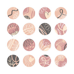 Collection of creative social media highlight covers with floral and heart elements. Design stories round icon collection. Modern simple sketch line style. Vector illustration.