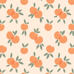 Seamless pattern with peaches and leaves. Trendy handdrawn organic flat style. Modern simple geometric design, vector illustration.