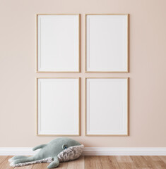 Poster mockup in minimal nursery design, wooden frames on beige interior background, 3d render - obrazy, fototapety, plakaty