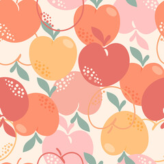 Seamless pattern with peaches or apricots, leaves and flowers. Trendy handdrawn organic flat style. Modern design, vector illustration.
