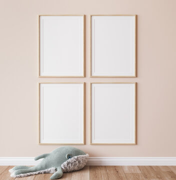 Poster mockup in minimal nursery design, wooden frames on beige interior background, 3d render