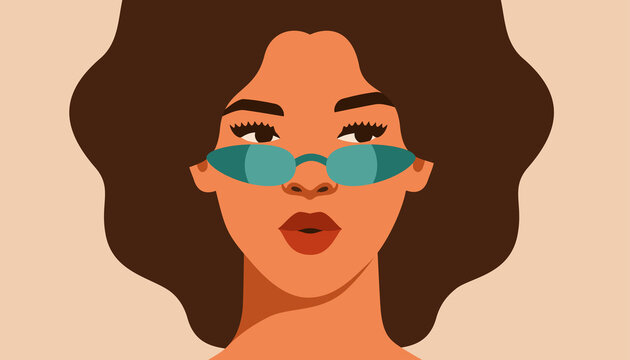 Black girl is looking away with interest. Self-confident young woman in sunglasses with brown skin and curly hair portrait front view. African female with surprise facial expression. Vector