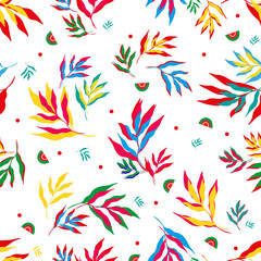Fototapeta na wymiar Seamless pattern of colorful tropical leaves