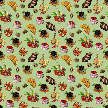 Seamless pattern with French cuisine dishes. Design for cafes, fabrics, textiles, wallpapers, packaging.	