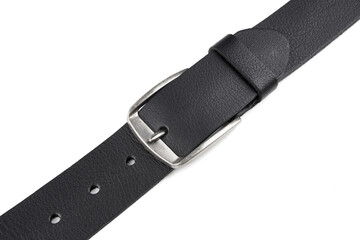 Fastened fashionable men's leather belt with dark matted metal buckle isolated on white background. Black belt for men. Black leather belt for trousers and jeans. Male accessory. 