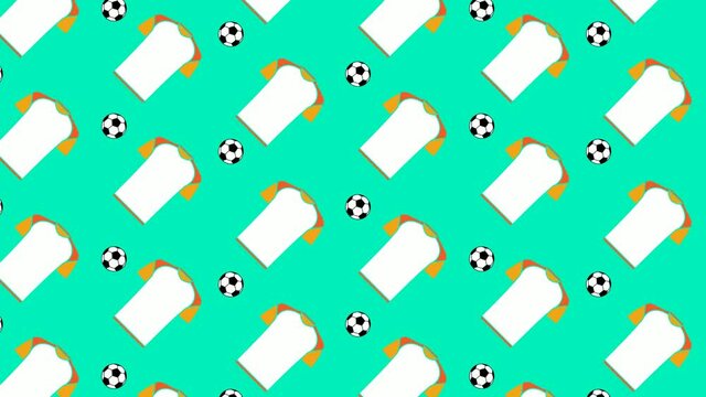 animated seamless pattern with soccer player t shirt and balls. Sports uniform of fotball player. Ornament for background decoration. Design element. Looped video