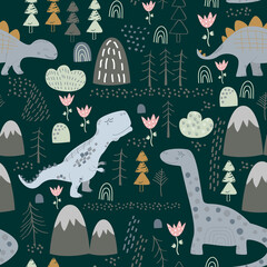 Childish seamless pattern with hand drawn dino in scandinavian style.