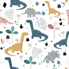 Childish seamless pattern with hand drawn dino in scandinavian style.