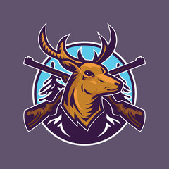 Deer head with rifles. Concept art of hunting in cartoon style.