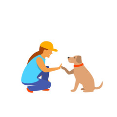 girl and dog greeting isolated vector graphic scene
