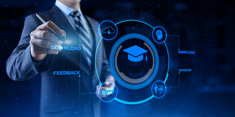 E-learning Online learning distance education concept. Businessman pressing button on screen.