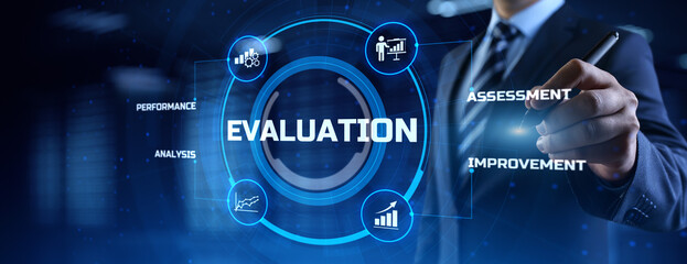 Evaluation Assessment Customer service feedback. Businessman pressing button on screen.