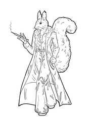 Anthropomorphic squirrel in fur coat smokes a cigarette in a cigarette holder. Black and white vector illustration