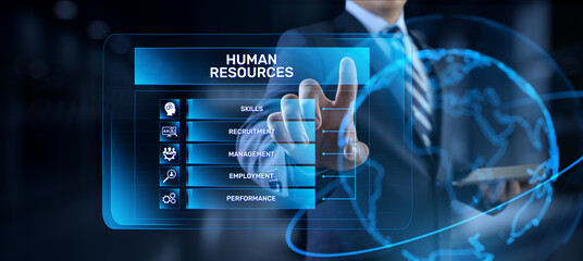 HR Human resources management Recruitment Headhunting. Businessman pressing button on screen.